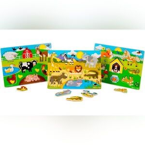 Melissa & Doug World of Animals Wooden Peg 3 Puzzles Set Pets, Farm, and Safari